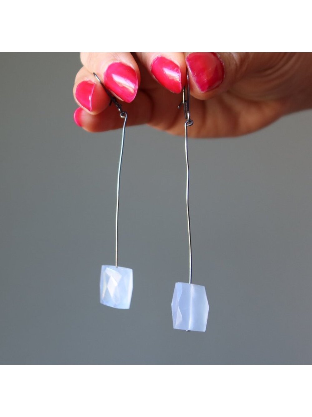 Chalcedony Earrings Divine Waves Blue Faceted Gemstone Gunmetal Dangle Jewelry
